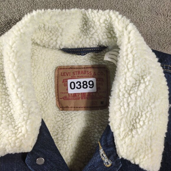 Levi’s Sherpa Denim Jacket Mens M Blue Faux Shearling Trucker Dark Wash Western - Picture 10 of 10